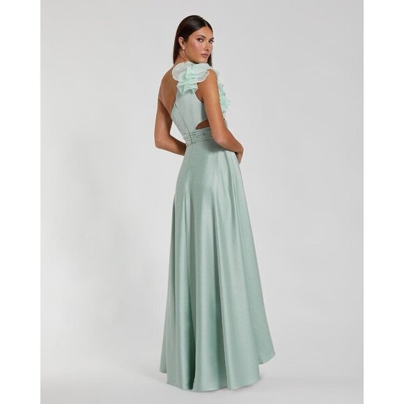 Mac Duggal Size 0 Sage Green Asymmetric Ruffled Satin High-Low Prom Gown Dress - Picture 3 of 10